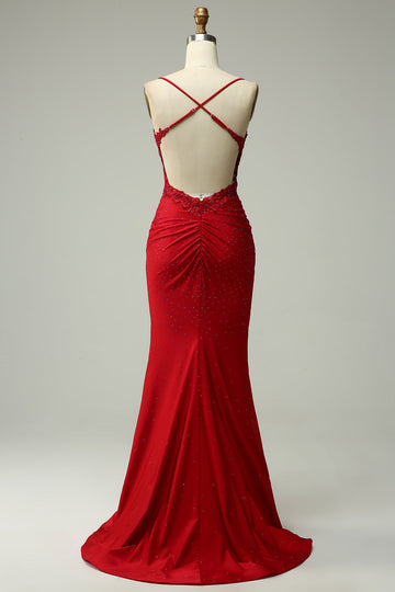 Dark Red Mermaid Spaghetti Straps Beaded Prom Dress with Appliques